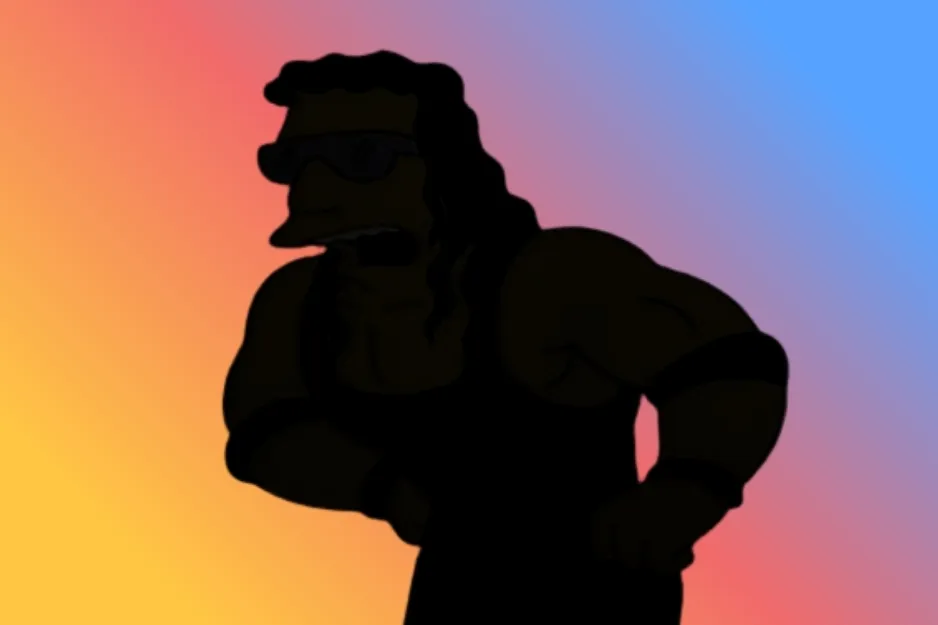 Silhouette of a muscular character with long hair and sunglasses against a colorful background. Find the silhouette of Dr. Hibbert.
