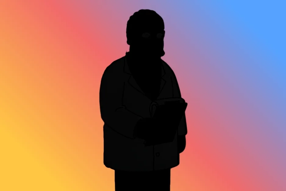 Silhouette of a character in a jacket holding a book against a colorful background. Find the silhouette of Dr. Hibbert.