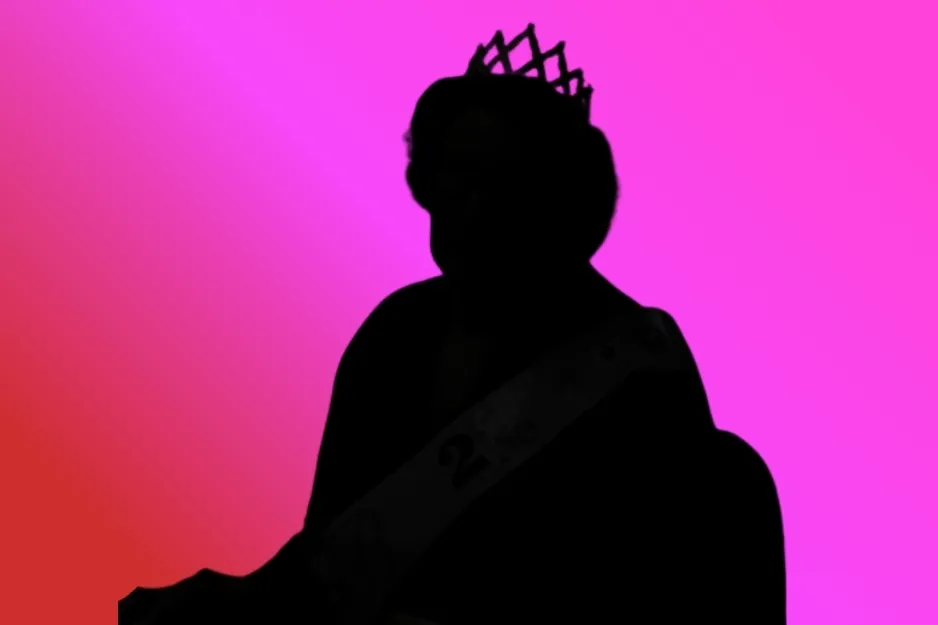 Silhouette of Kevin Malone wearing a crown and sash against a pink background.