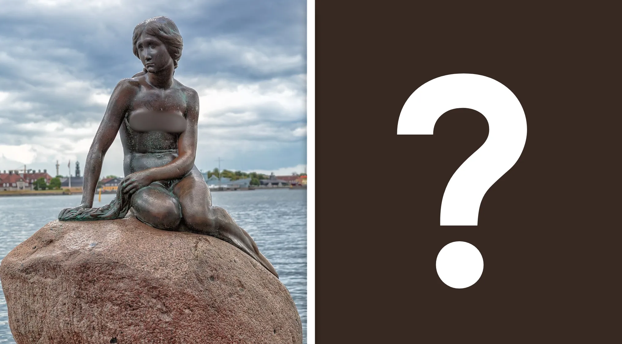 The Little Mermaid statue in Copenhagen, a European capital city, with a question mark on the right for a pub trivia quiz.