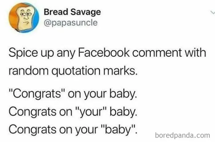 A social media post about using random quotation marks to display stupidity online.