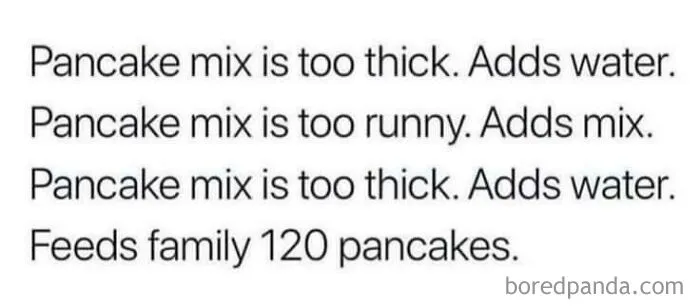 A screenshot showing text about pancake mix being too thick or too runny, leading to 120 pancakes, a display of stupidity.