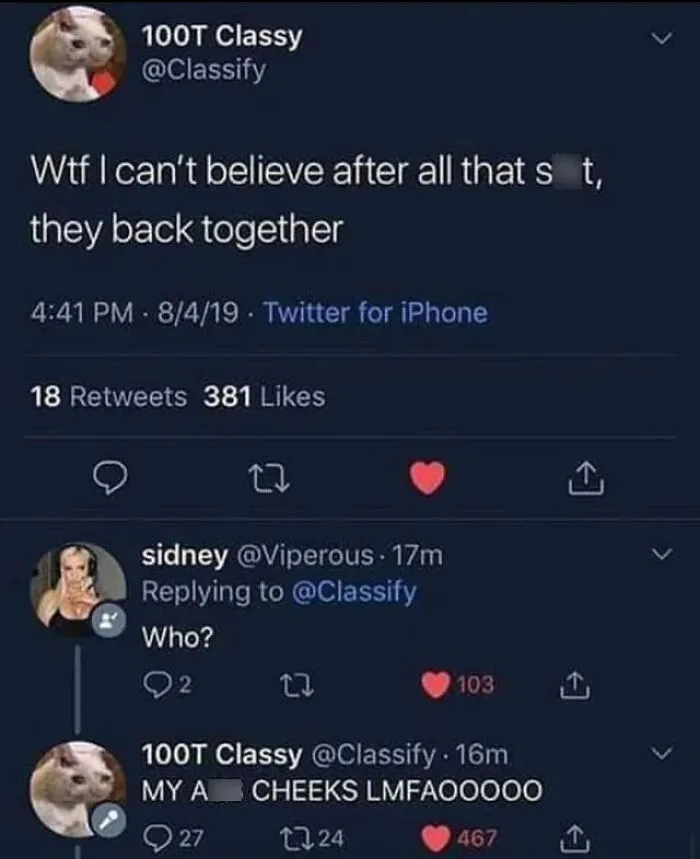A screenshot of a Twitter conversation where a user expresses surprise that an ex-couple is back together, an example of online stupidity.