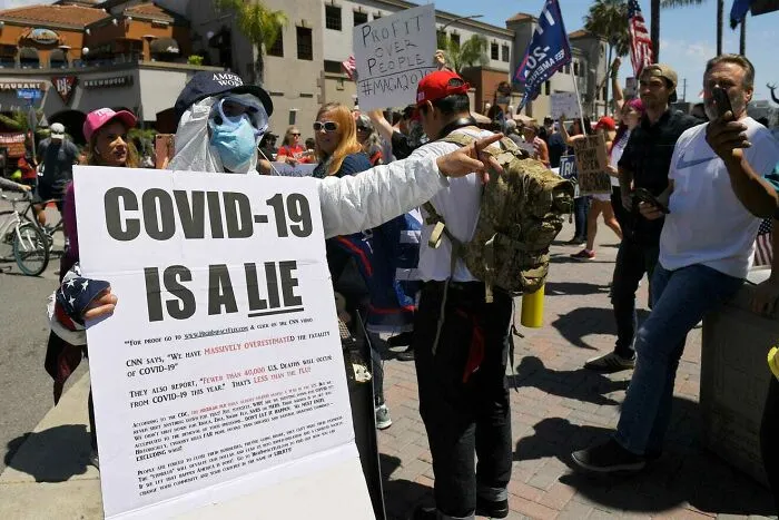A person holding a sign that reads COVID-19 IS A LIE at a protest, an unfortunate display of stupidity.