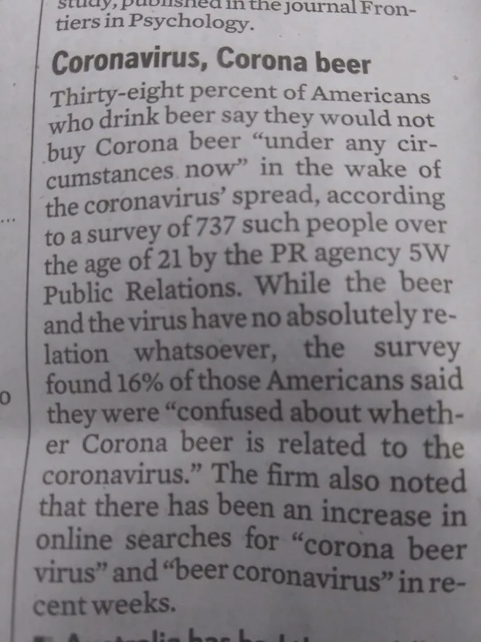 A newspaper article discussing the display of stupidity from people confused about Corona beer and the Coronavirus.