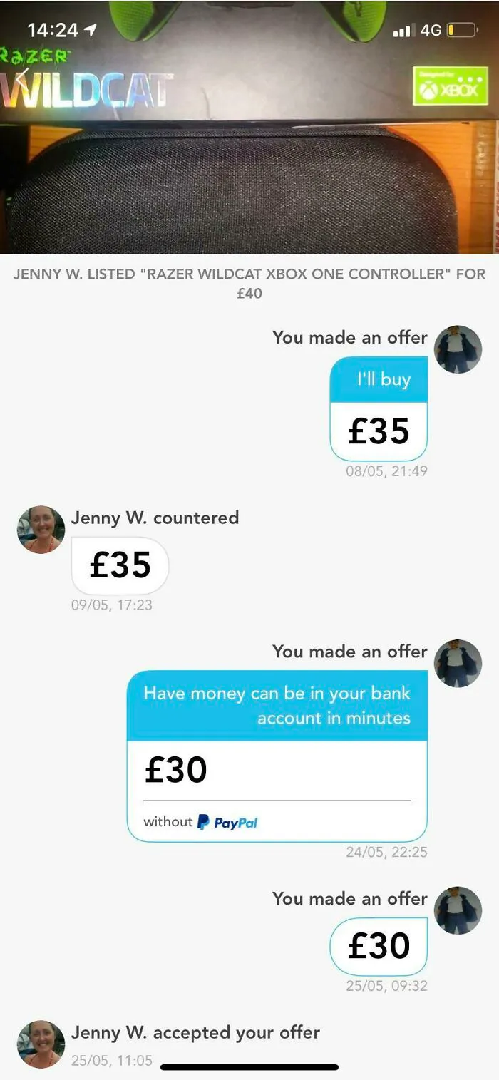 A screenshot of a mobile conversation where a buyer haggles for a Razer Wildcat Xbox One controller, showcasing financial stupidity.