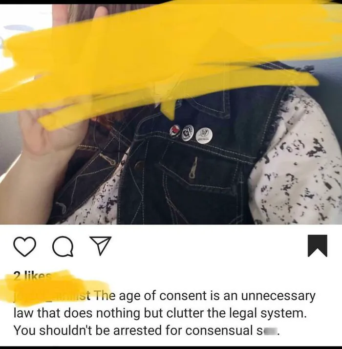 A social media post displaying stupidity with a controversial opinion about the age of consent.