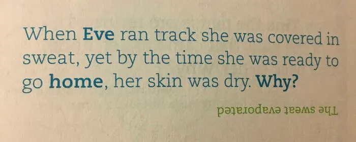 A riddle about Eve's sweat drying by the time she went home, with the answer 'The sweat evaporated,' displaying stupidity.
