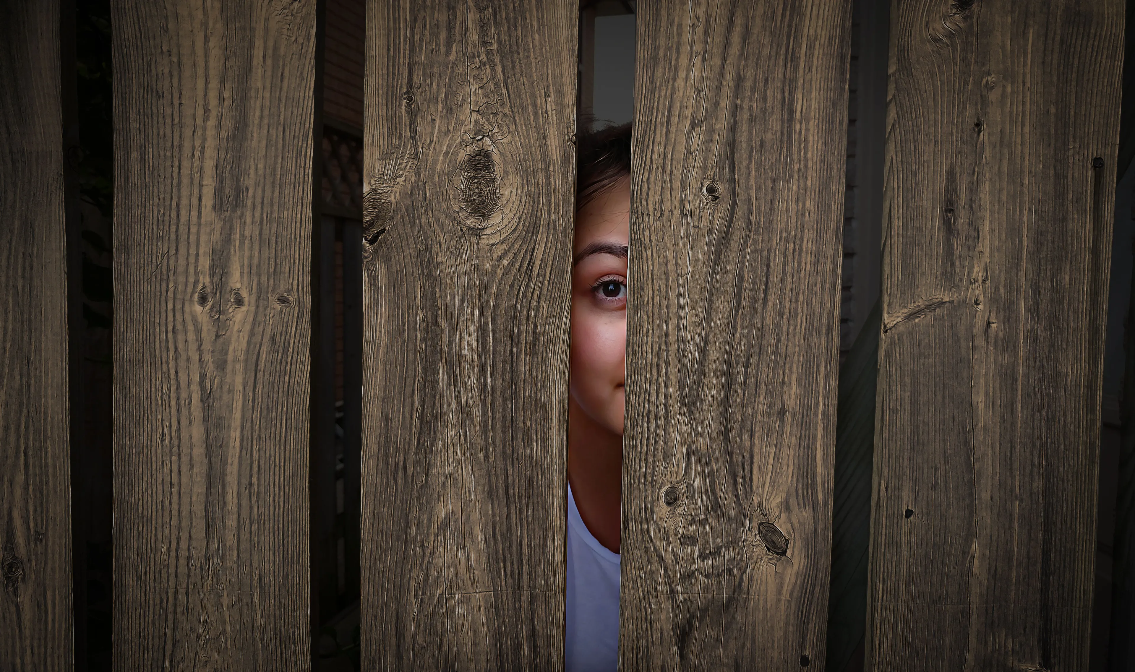 A young person's eye peering through a wooden fence, hinting at the childhood game of Hide and Seek.