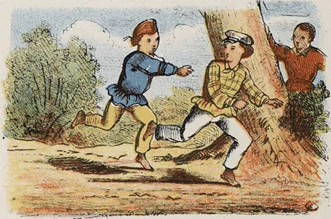 An illustration of children playing a game of Tag outdoors near a tree.