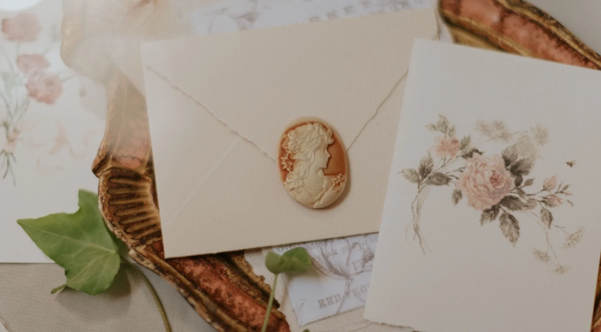A beige envelope with an antique-style cameo wax seal and a card with a delicate pink floral illustration.