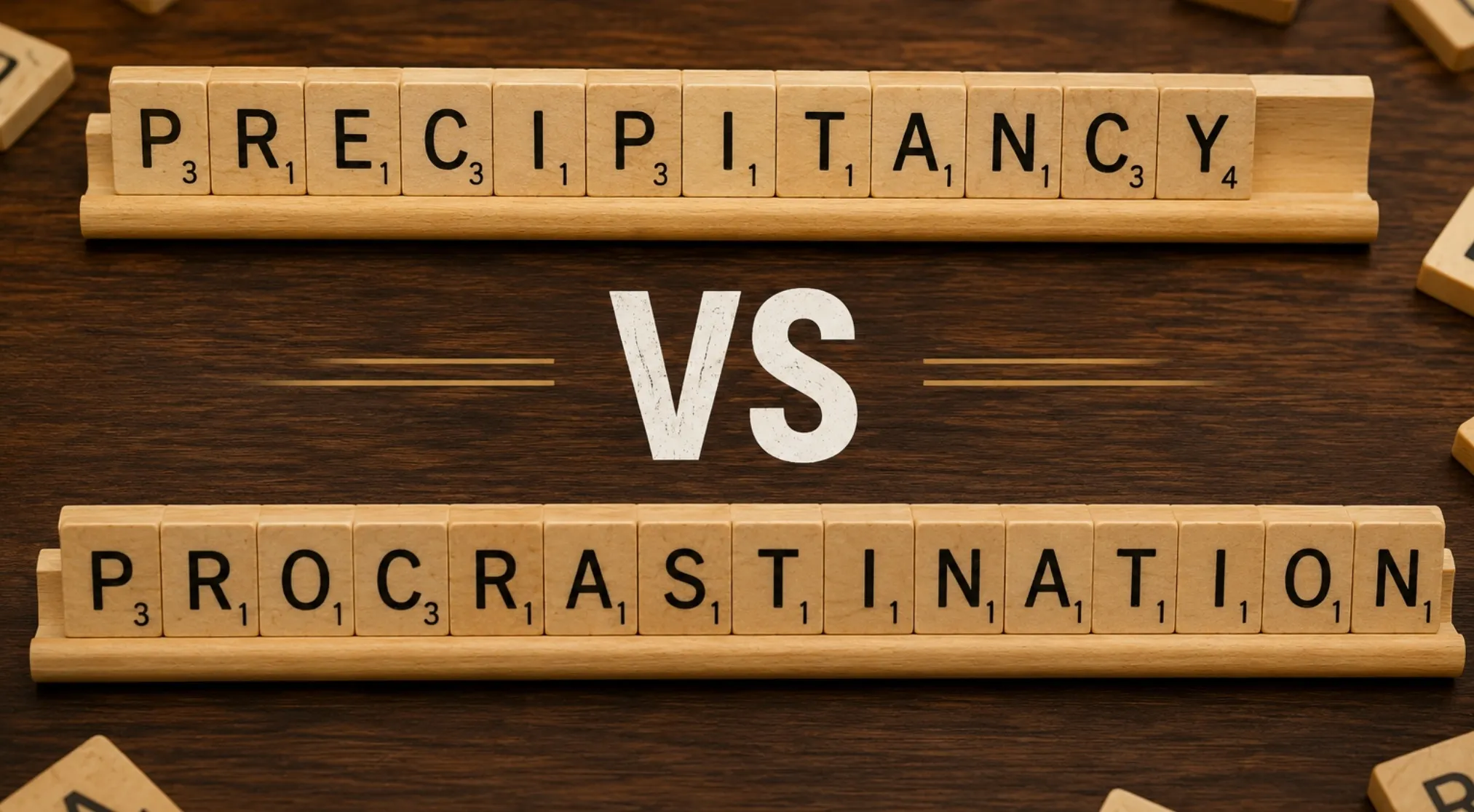 WWI recruit test: Scrabble tiles spell precipitancy vs procrastination, exploring if they are synonymous.