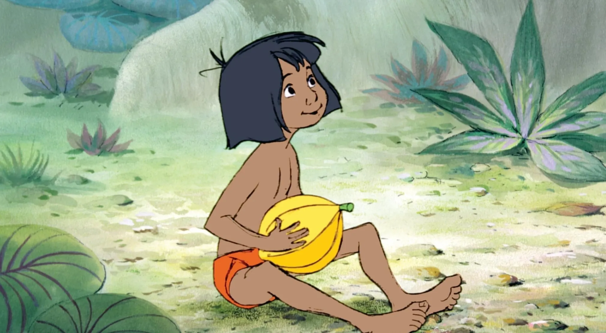 Mowgli from The Jungle Book sits, holding a yellow fruit. This image relates to a Jeopardy Quiz about Animals.