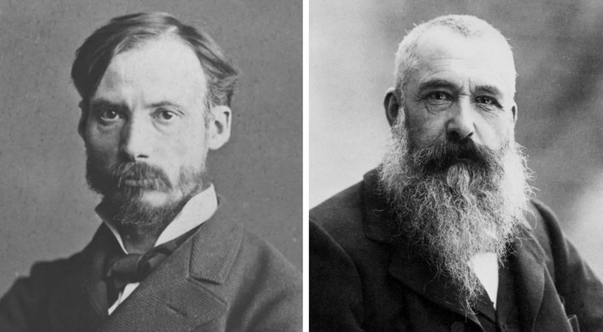Black and white portraits of Renoir (left) and Monet (right), key figures in the Impressionism art movement. Jeopardy Quiz Arts.