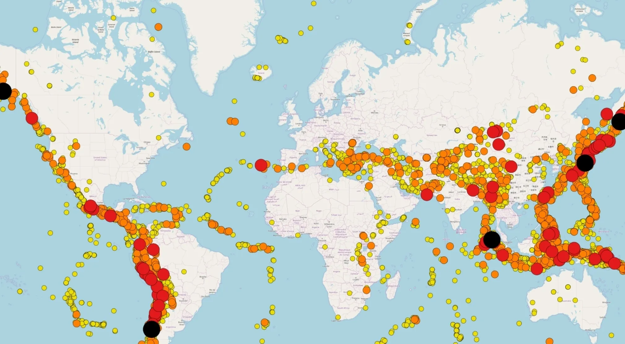 A global map showing earthquake epicenters. Red, orange, and yellow circles mark seismic events. This Jeopardy Quiz Earth image highlights earthquake frequency worldwide.