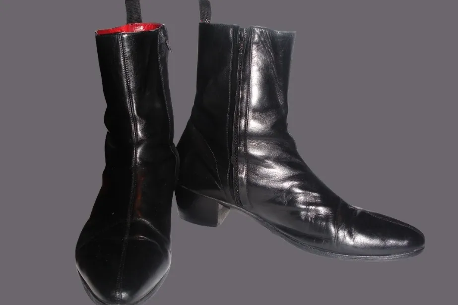 A pair of black ankle-high, side-zipped boots, classic fashion from the '60s, ready for a Jeopardy quiz.