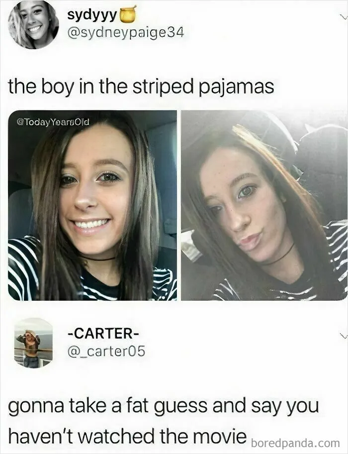 A social media post, a display of stupidity, where a woman misidentifies herself with 'the boy in the striped pajamas'.