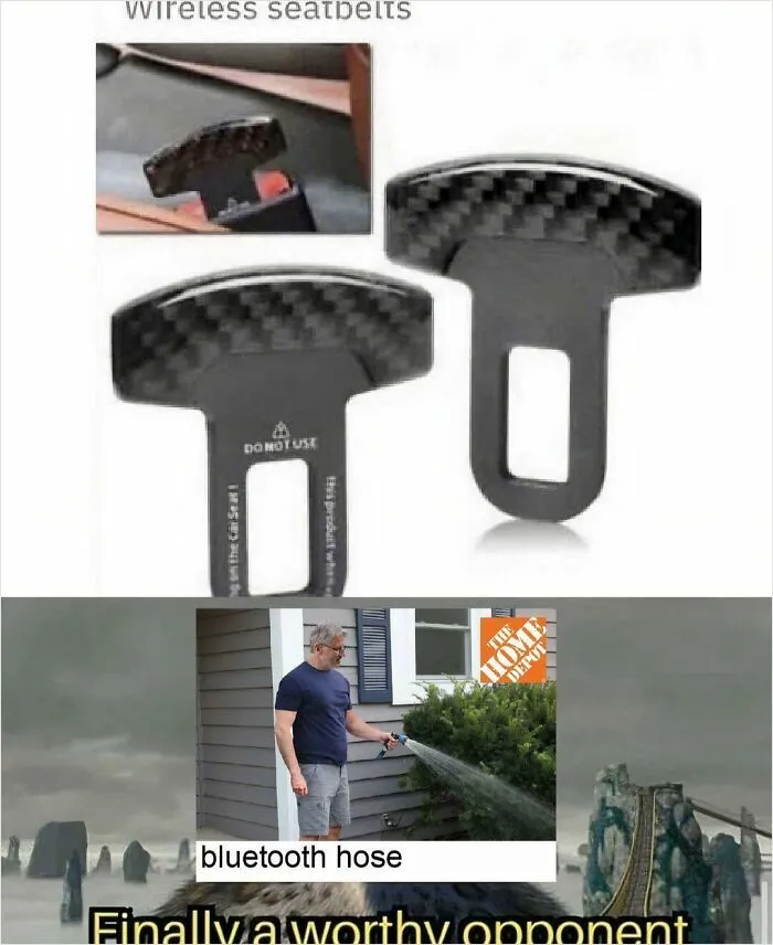 A compilation of images showing products with design stupidity: bluetooth seatbelts and a bluetooth hose for gardening.