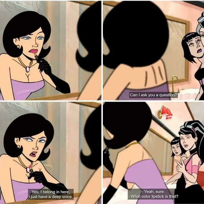 A wholesome cartoon comic showing two women, one applying lipstick, portraying a moment of shared experience.