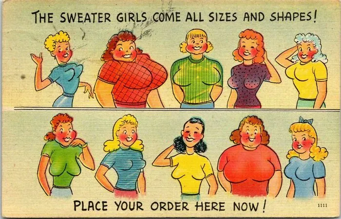 Vintage postcard showing various women in sweaters, celebrating wholesome people of all shapes and sizes.