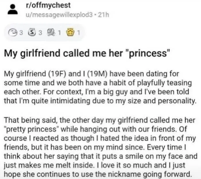 Screenshot of Reddit post about a person feeling wholesome after their girlfriend called them princess.