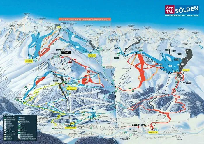El mapa de esquí de Sölden muestra el ancho de las pistas para facilitar la navegación.