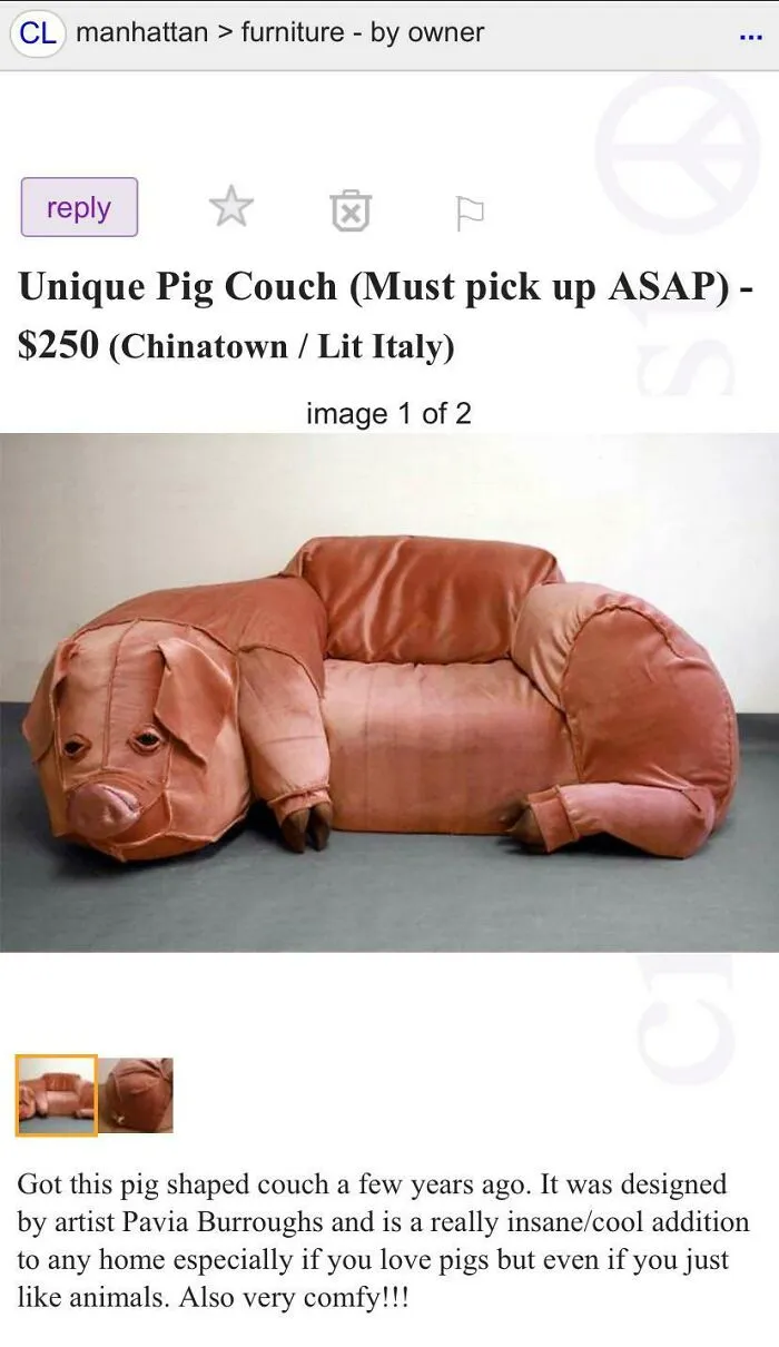 A unique pig-shaped couch, a bizarre furniture designer creation, in a minimalist room.