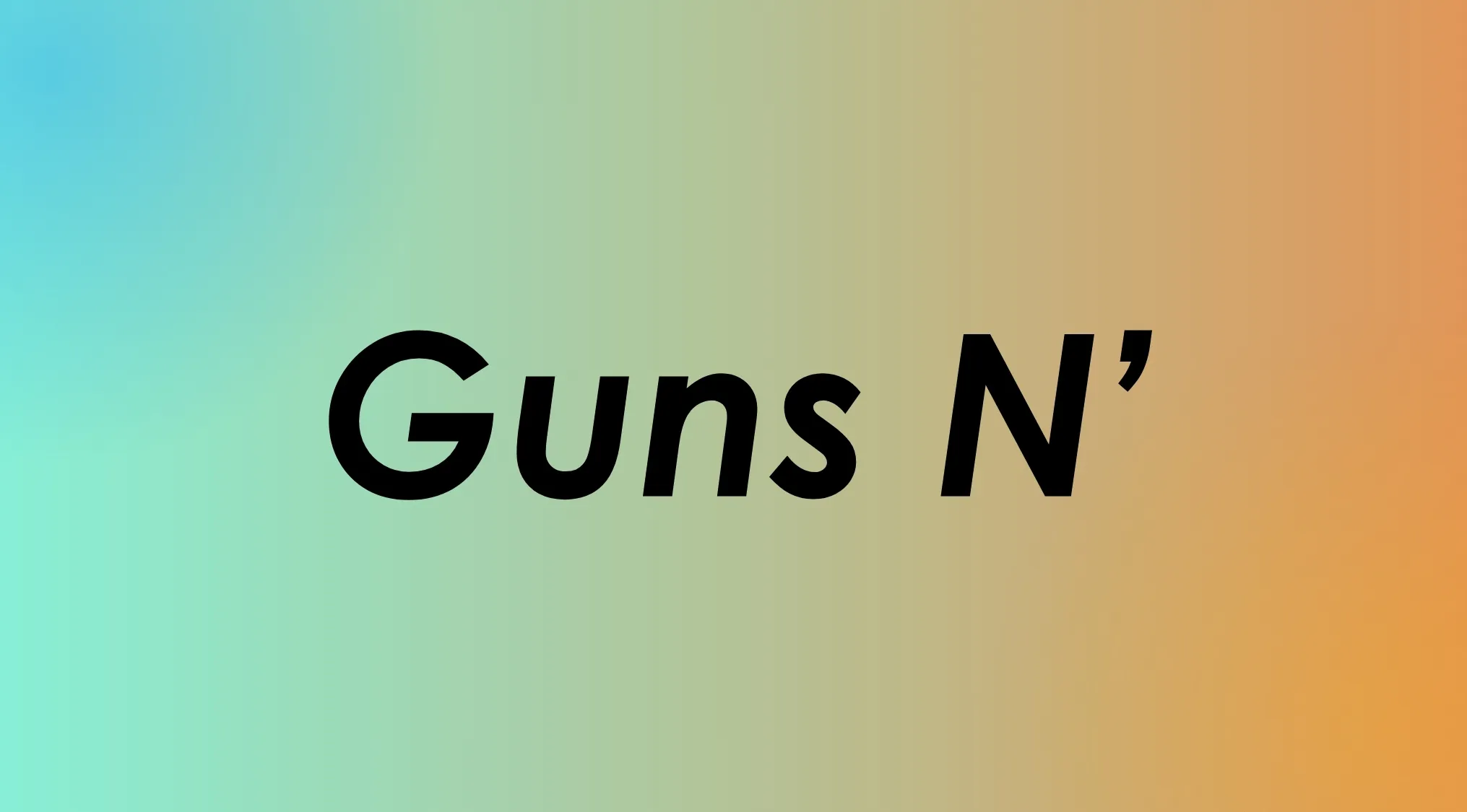 The partial band name Guns N' in bold black text on a teal and orange gradient background, prompting to finish the '80s band name.