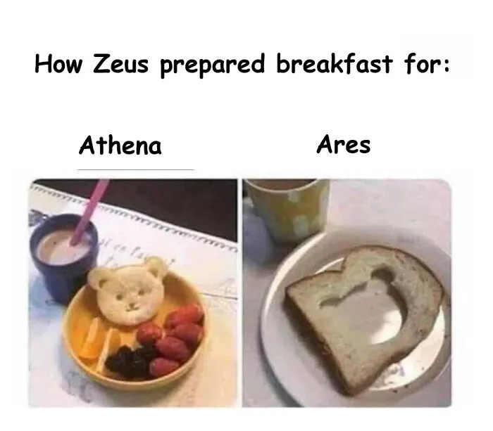 A mythology meme showing Zeus preparing breakfast for Athena (a teddy bear pancake) and Ares (a hole in bread).