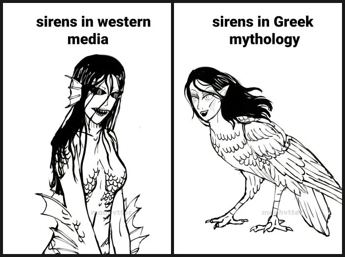 A mythology meme comparing sirens in western media with sirens in Greek mythology.