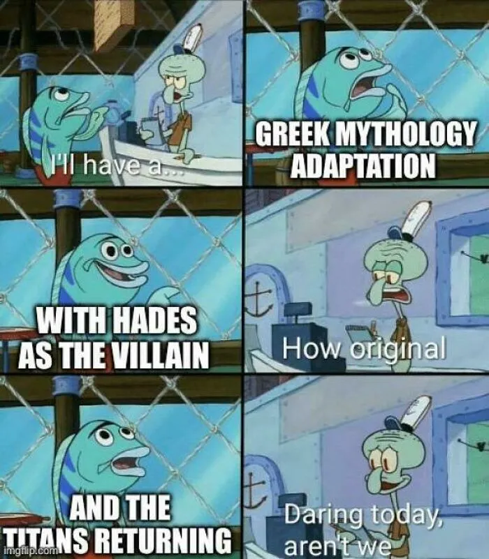 SpongeBob characters in a mythology meme discussing Greek Mythology adaptations with Hades as the villain.