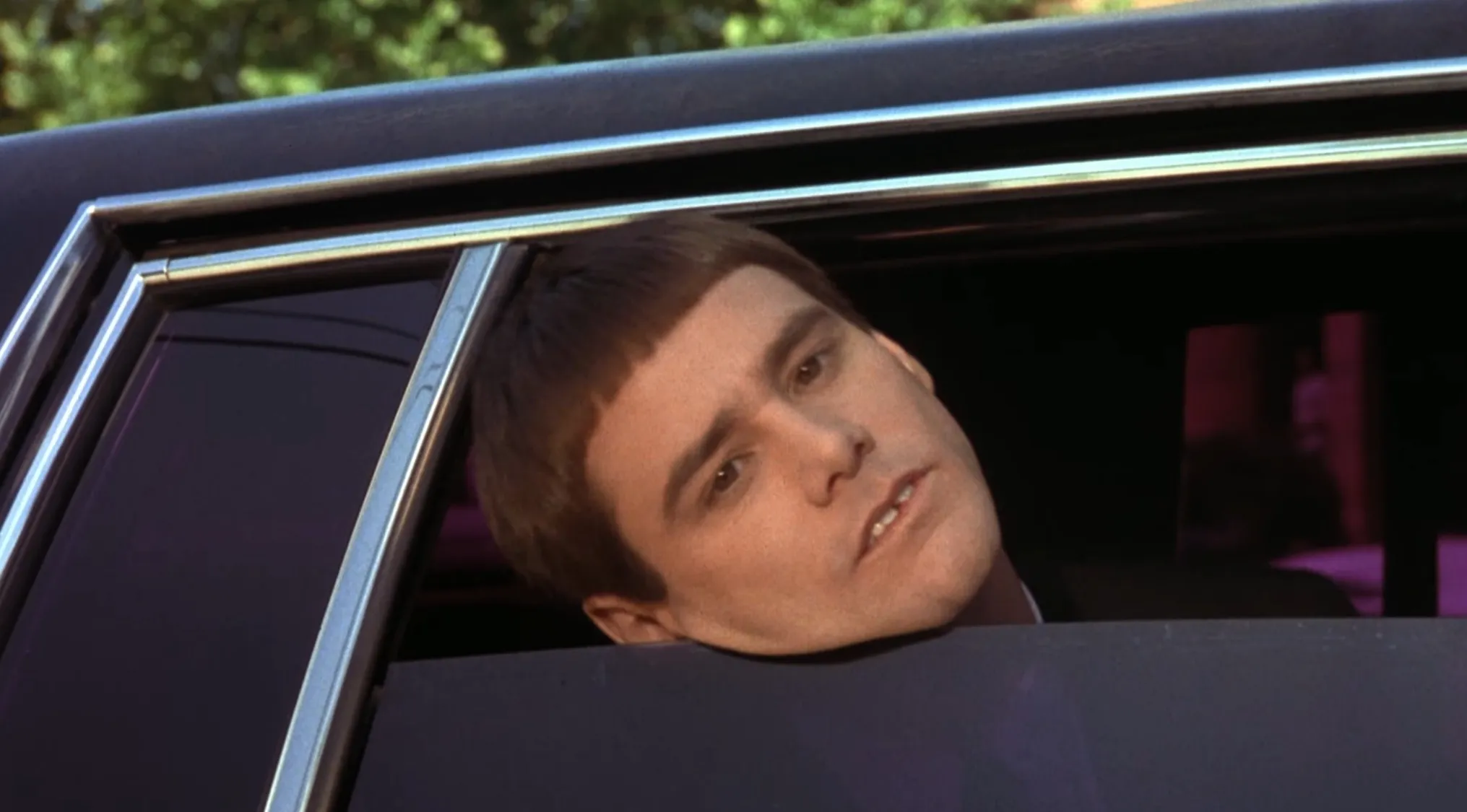 Jim Carrey as Lloyd Christmas in a movie's first scene, looking out the car window with his signature bowl cut.