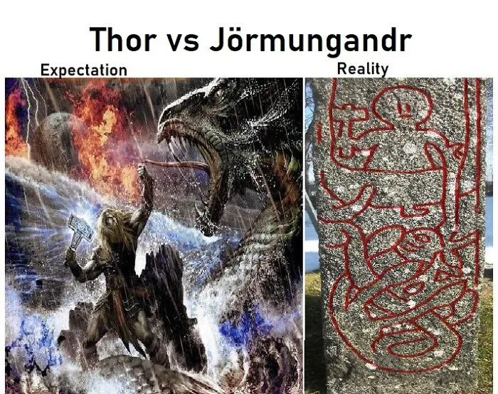 A split image meme of Thor vs Jormungandr in mythology memes, showing expectation versus reality.