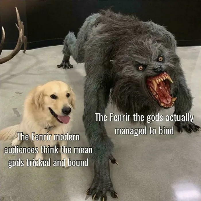 Engaging mythology memes with a cute dog and a scary monster, representing Fenrir, a top-tier mythology meme.