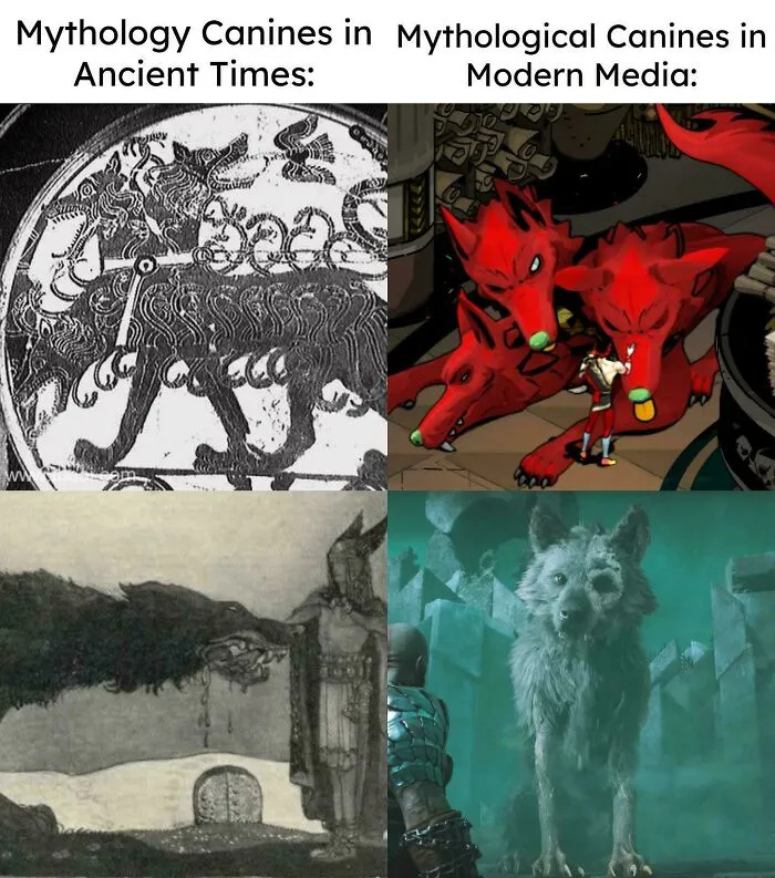A mythology meme comparing ancient mythological canines like Cerberus and Fenrir with their modern media depictions.