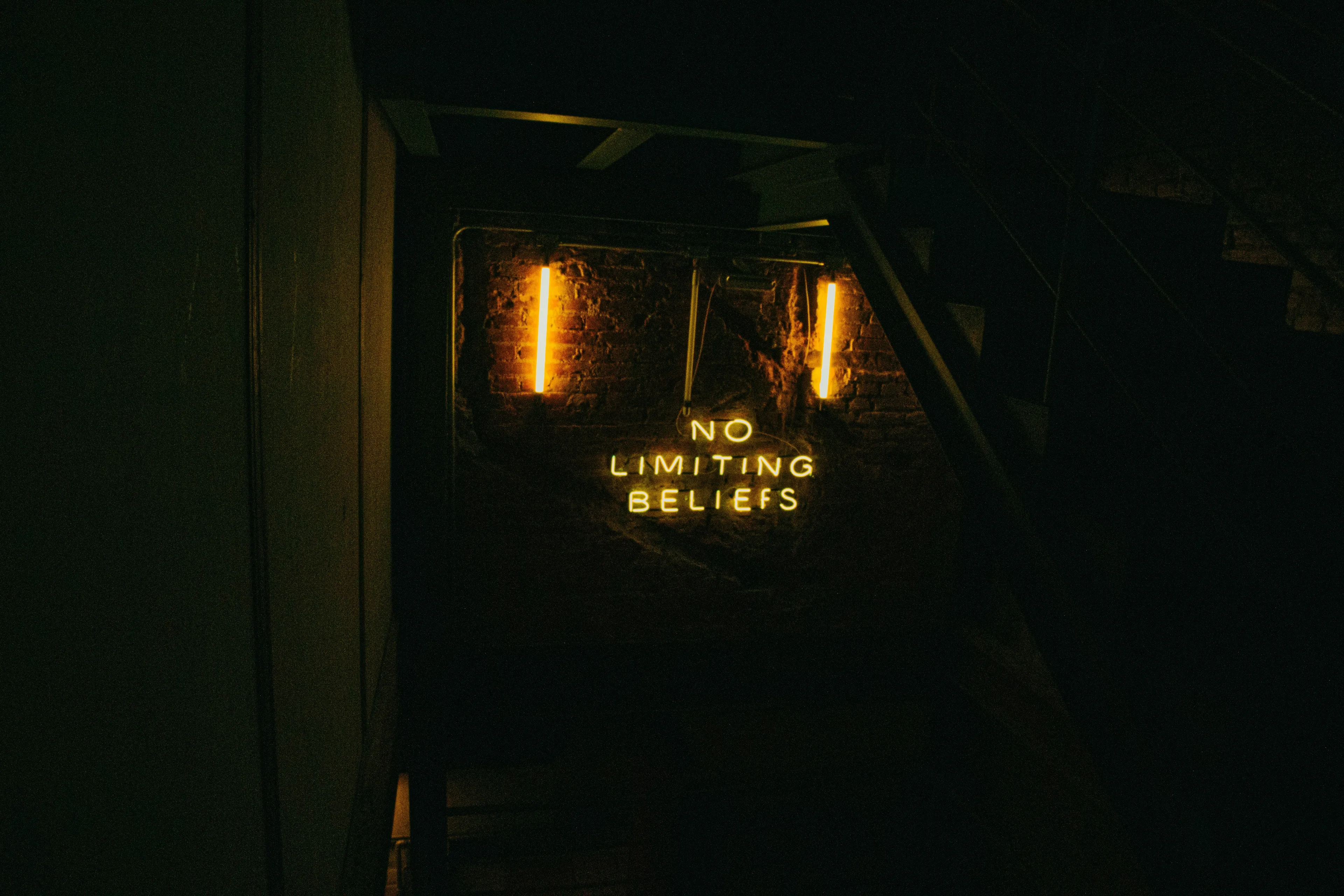 Neon sign glowing No Limiting Beliefs, pondering what makes one underestimated, connected to extinct species.