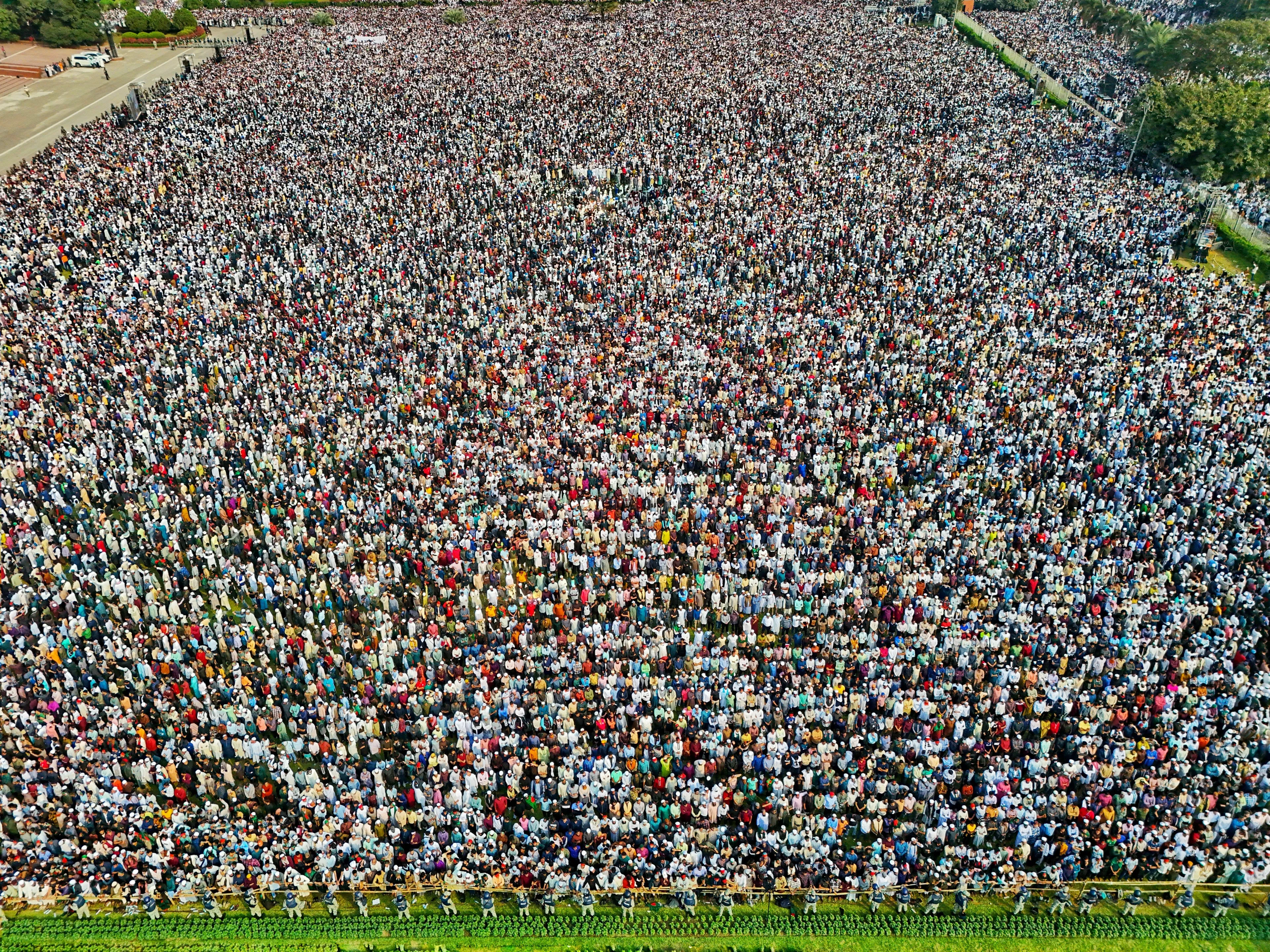 Aerial view of a massive crowd of people, showcasing how one carries themselves, linking to extinct species.