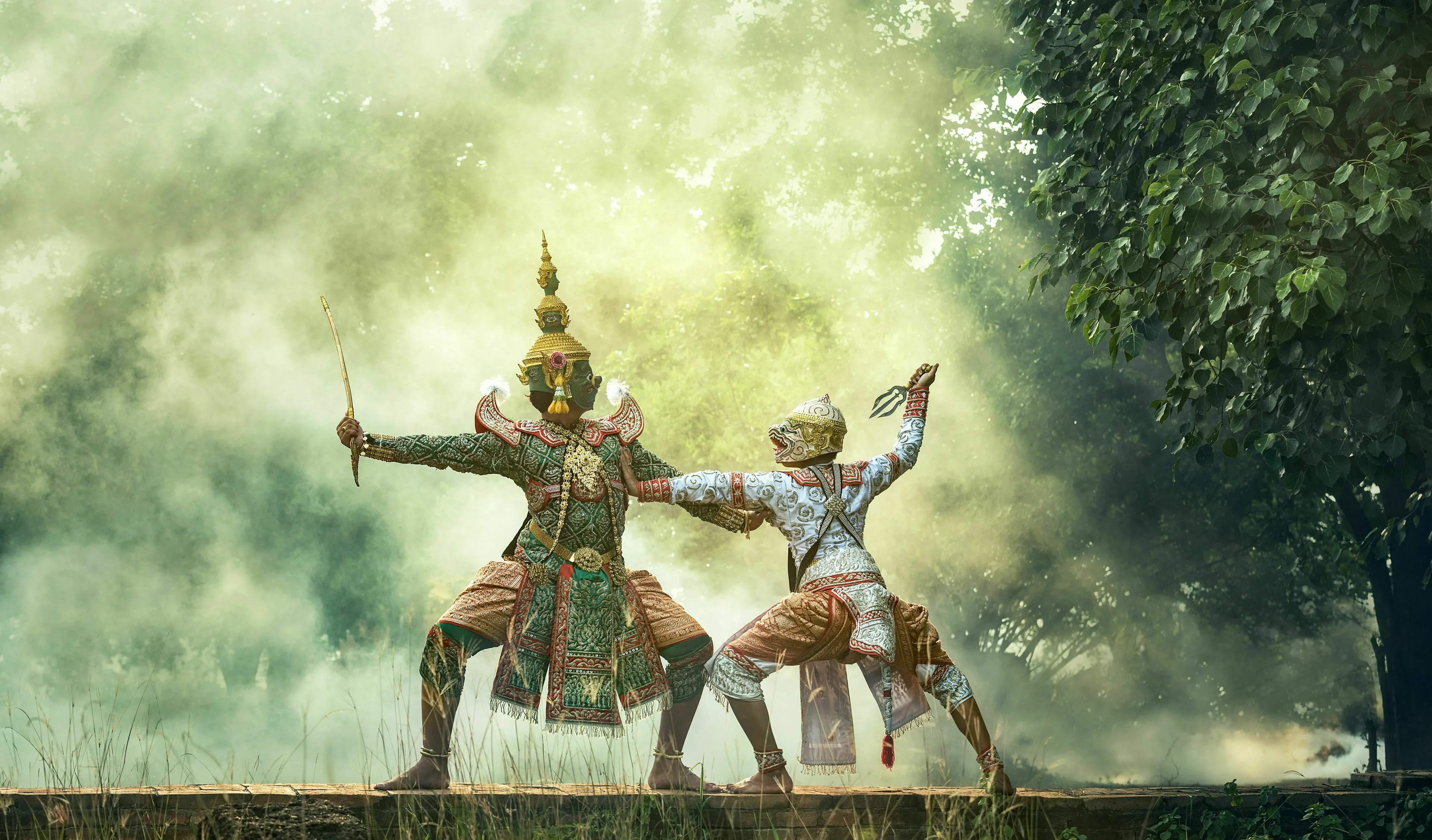 Two mythical figures in a dramatic stance, representing a flaw an enemy might exploit in the extinct species quiz.