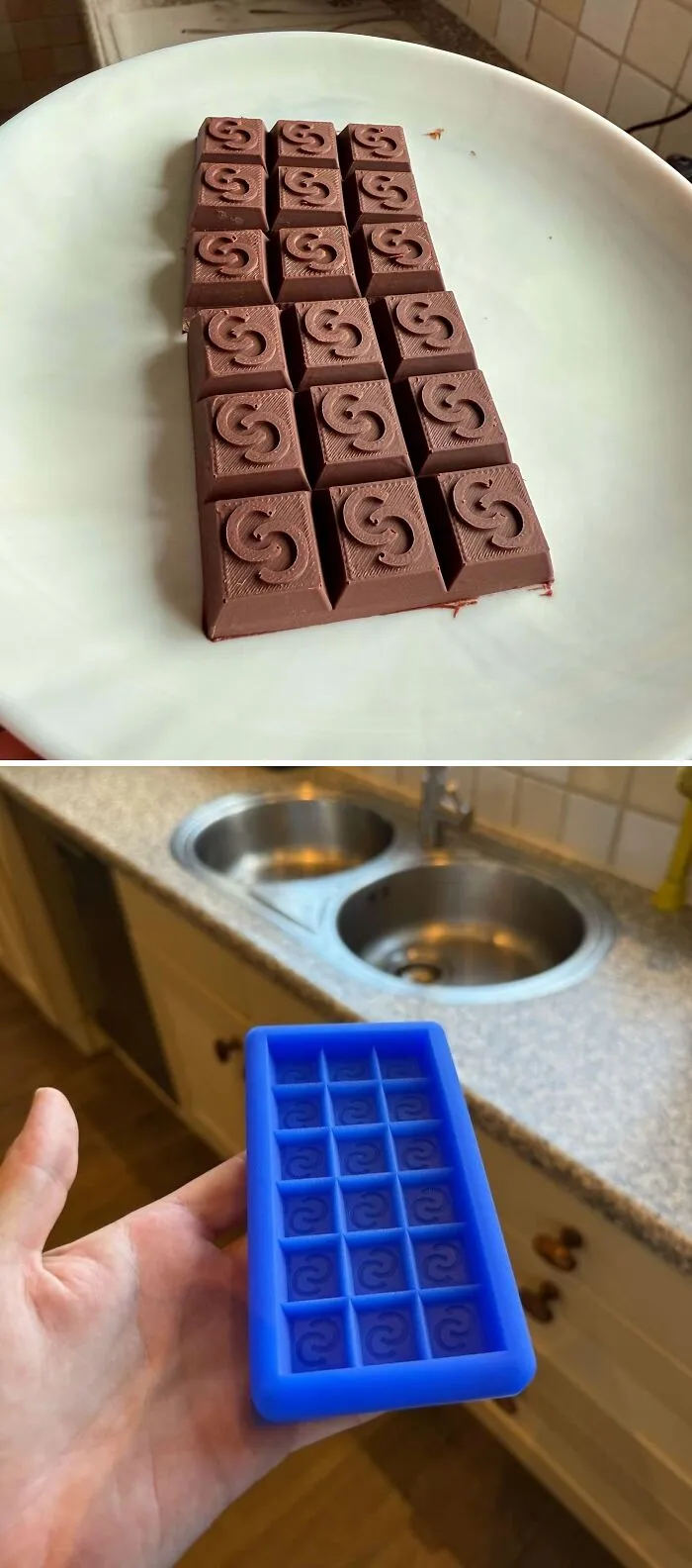 Imprimí un molde, vertí silicona apta para alimentos e hice una barra de chocolate con mi logotipo 🍫