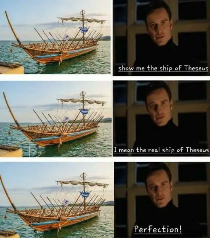 Mythology meme featuring a man saying 'show me the ship of Theseus' next to images of the legendary ship.