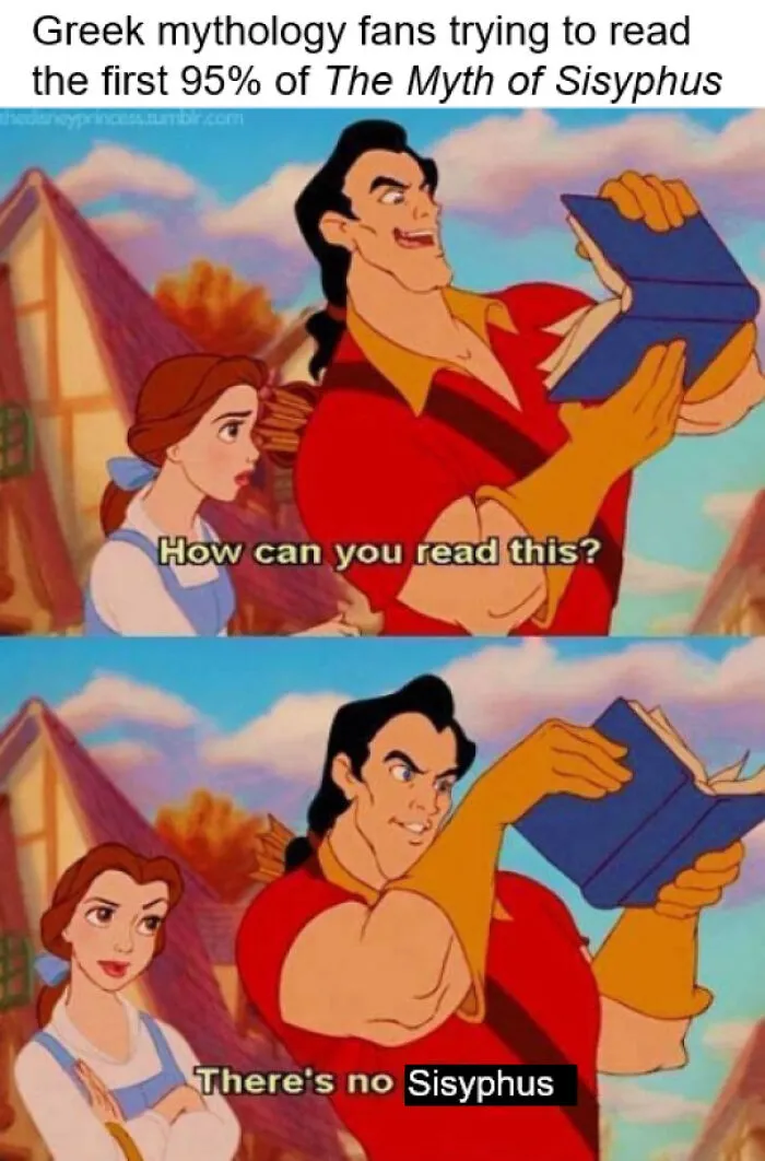 Gaston and Belle meme about Greek mythology fans reading The Myth of Sisyphus.