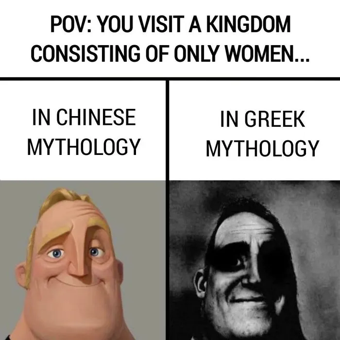 Mr. Incredible meme comparing Chinese and Greek mythology, showing women in kingdoms.