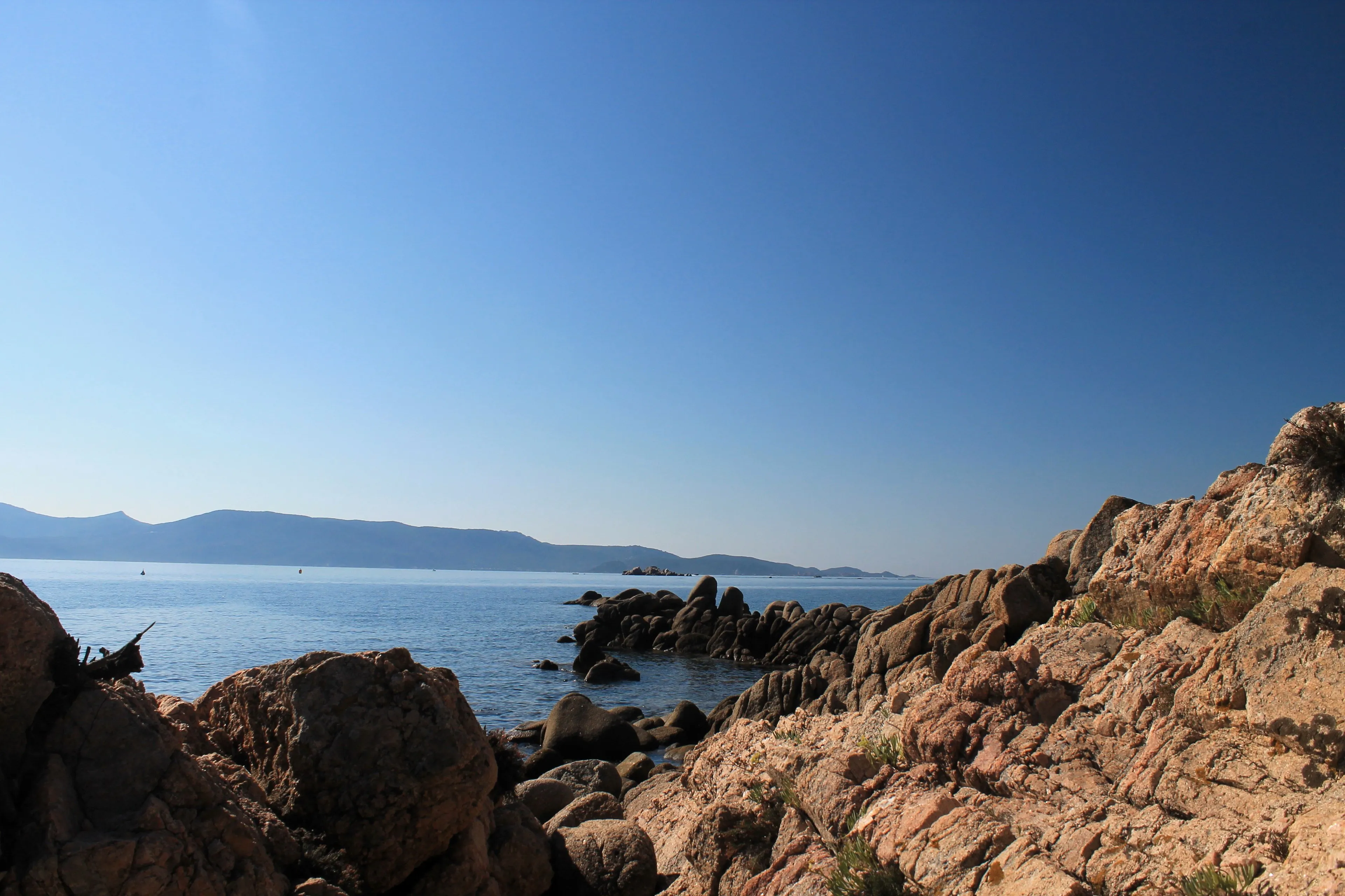 Rocky coastline with clear blue water and distant mountains under a clear sky, a habitat that feels like home