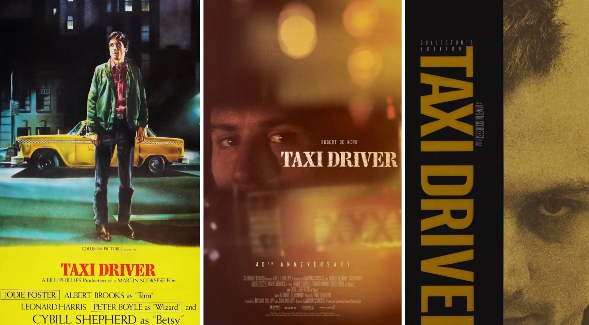 Three Taxi Driver movie posters featuring Robert De Niro, the actor, in a '70s movie.