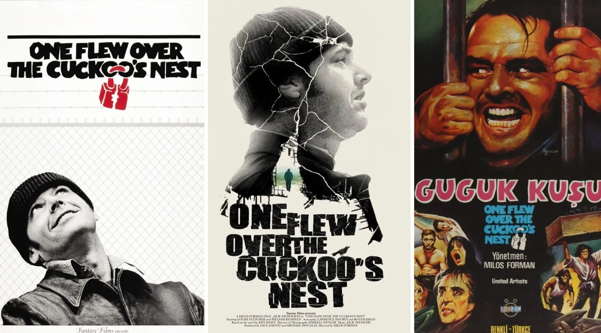 Three movie posters for One Flew Over the Cuckoos Nest, featuring Hollywood star Jack Nicholson in 70s movie posters.