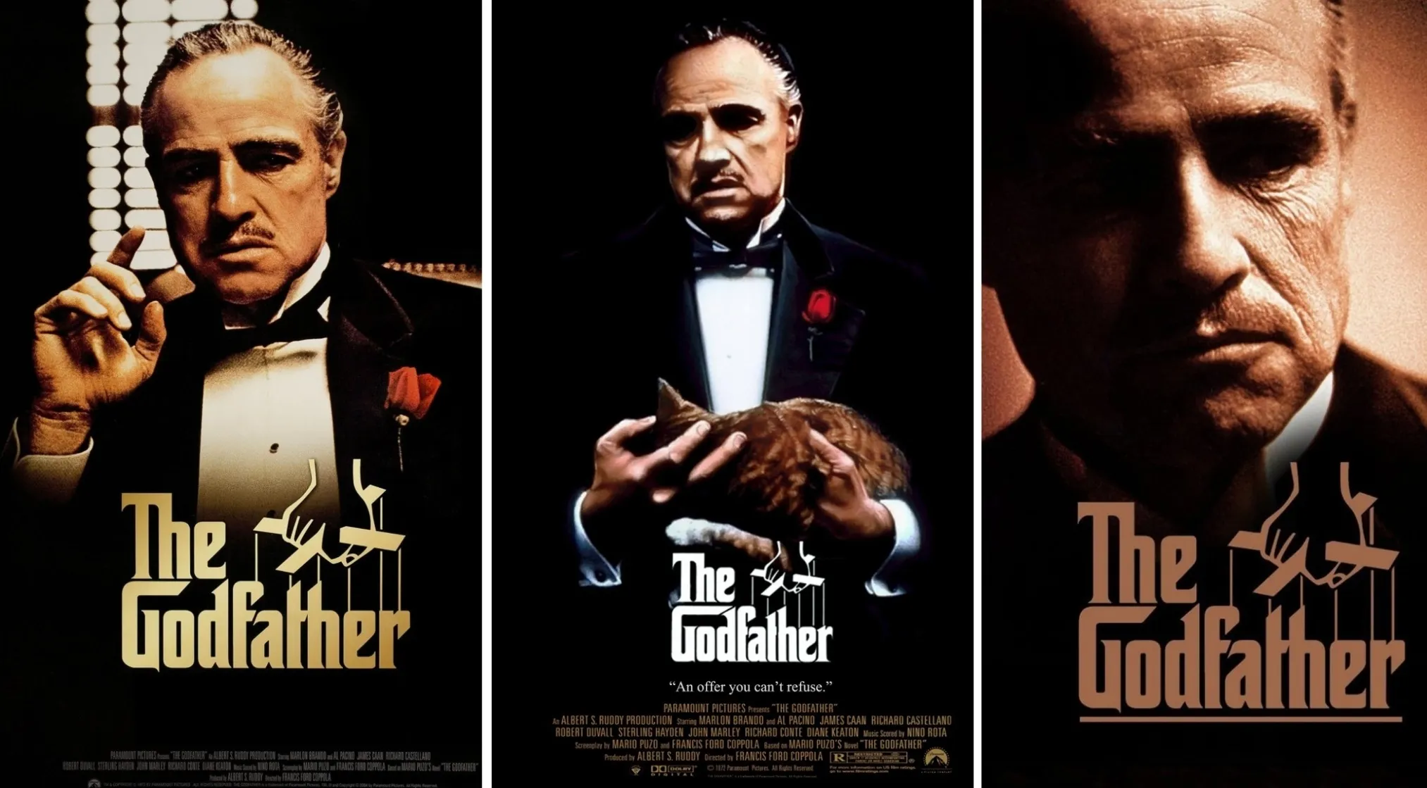 Three '70s movie posters for The Godfather, featuring the iconic actor Marlon Brando as Vito Corleone.
