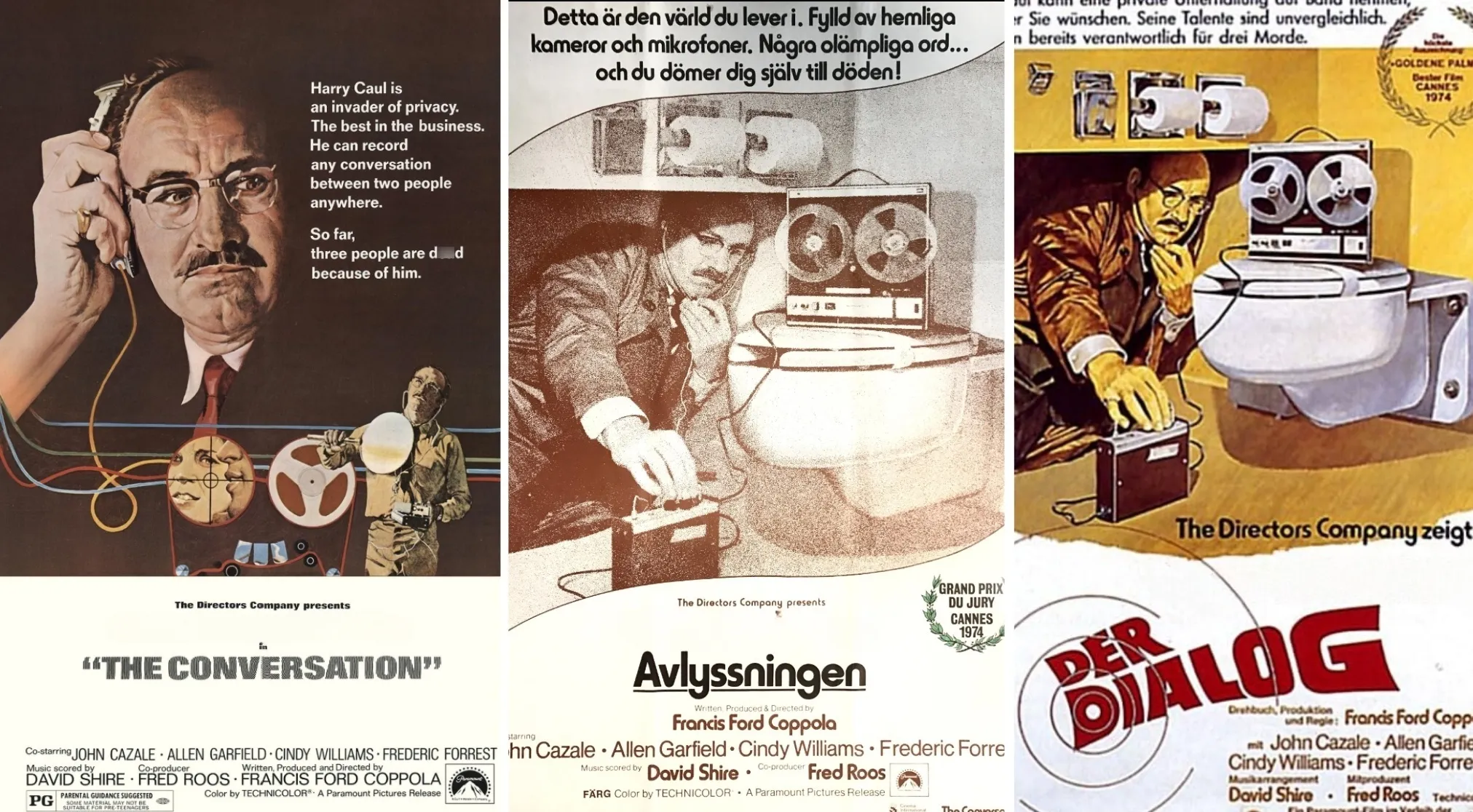 Vintage movie poster of Gene Hackman in The Conversation, showing him with listening devices. Actor focus on privacy.