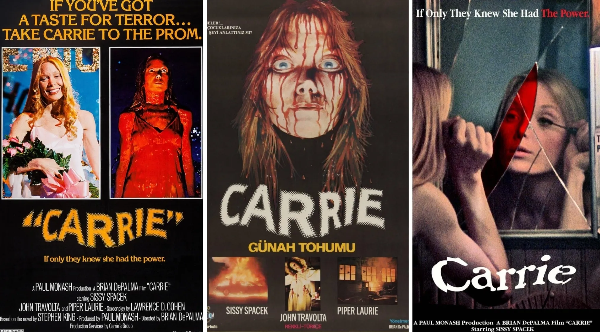 Three 70s horror movie posters for Carrie featuring the actress in different iconic looks, including blood-covered.