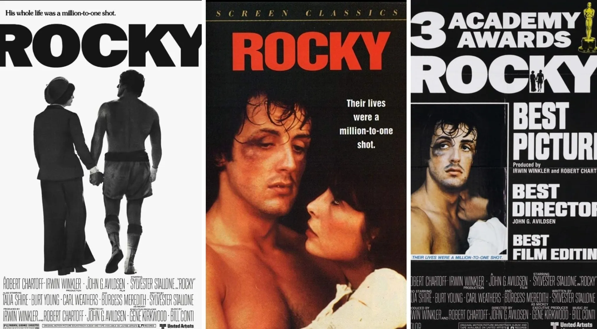 Three Rocky movie posters from the 70s. Famous actor Sylvester Stallone is front and center.