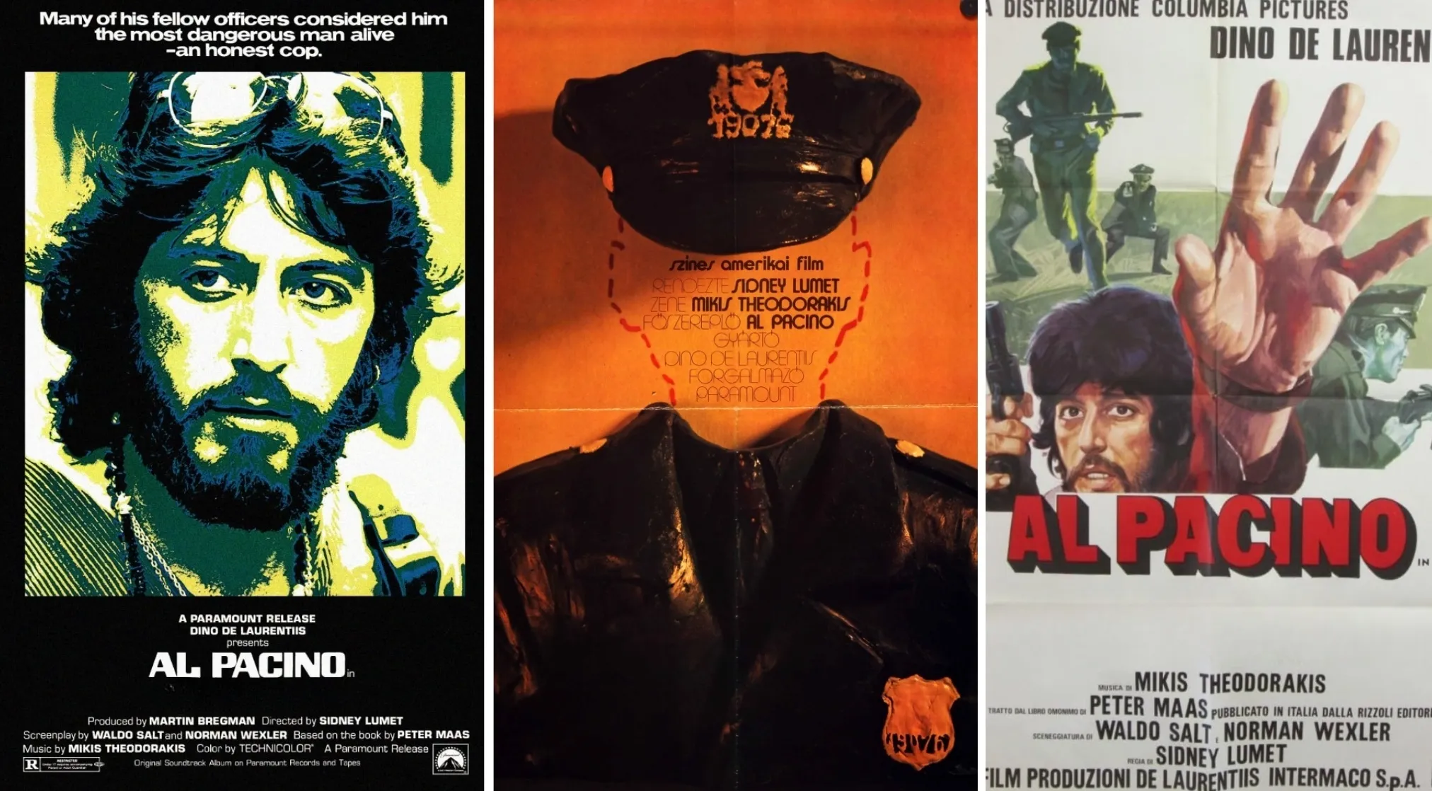 Three '70s movie posters for Serpico. The character featured on these posters is Al Pacino as Frank Serpico.